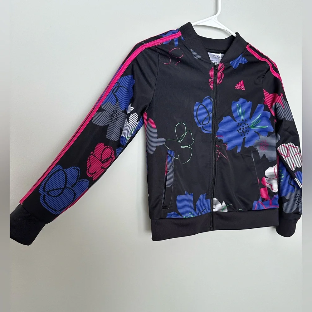 Adidas Kids Black Floral Jacket with Pink and Blue Accents